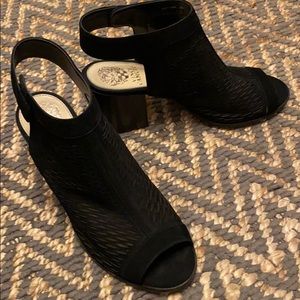 Vince Camino black stacked heel open heel bootie